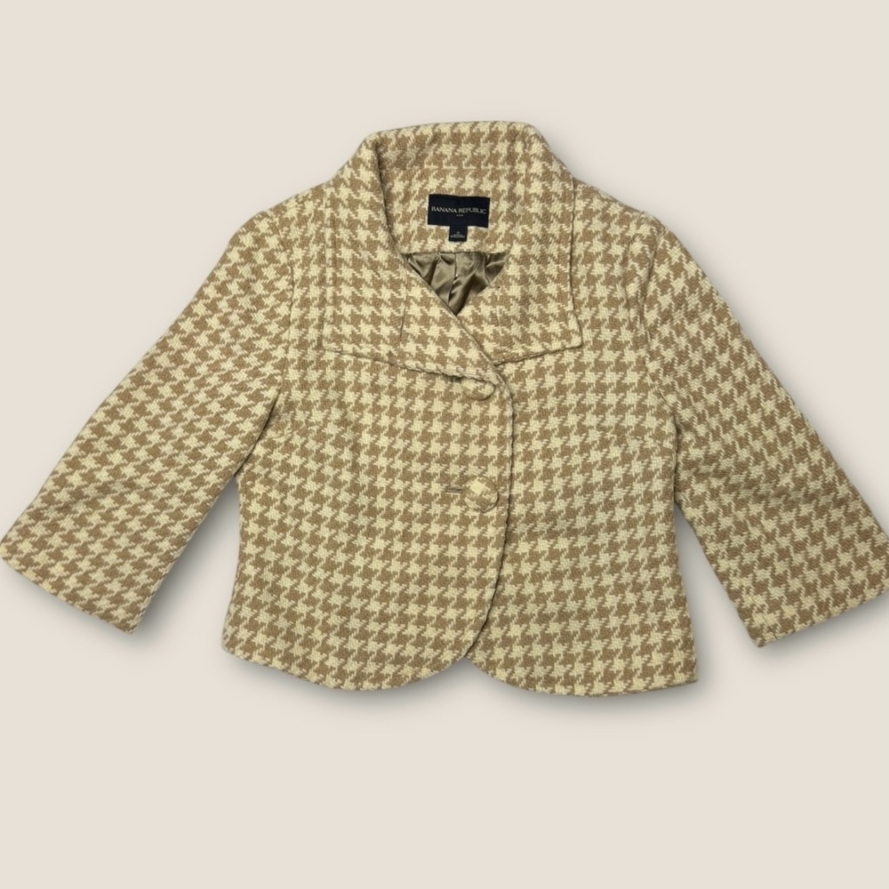 Banana Republic Houndstooth Cropped Blazer - Tan and Cream Size 0 Classic Y2K